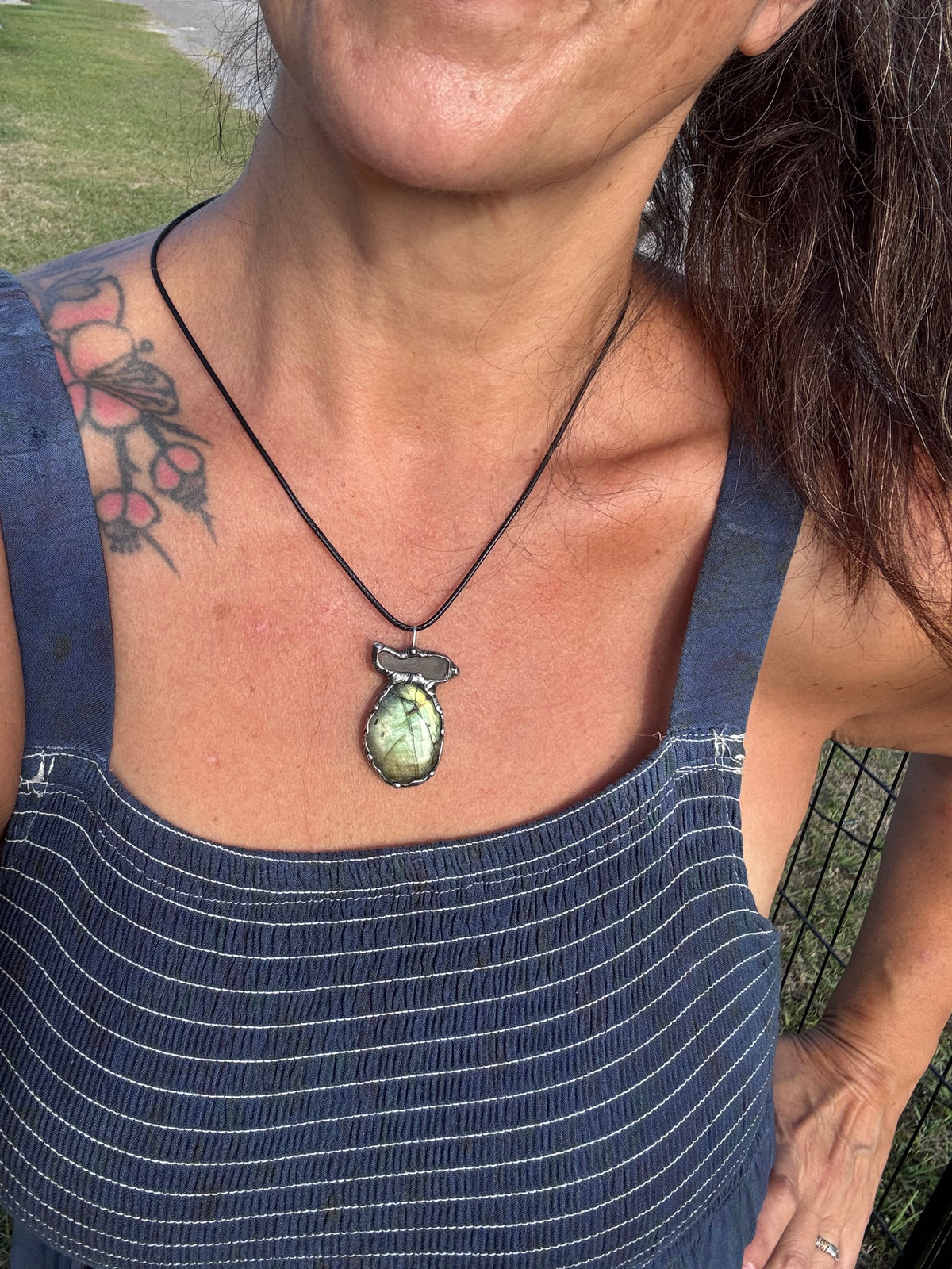 Golden Multiflash Labradorite and Seaglass pendant