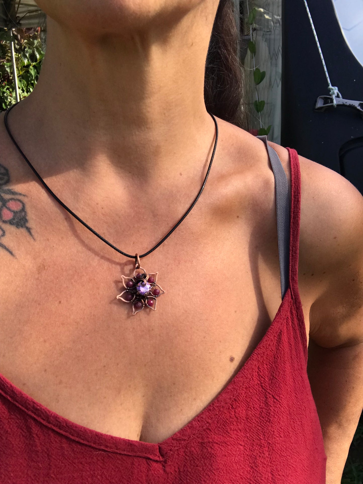 Copper crafted lotus flower pendant with Ruby