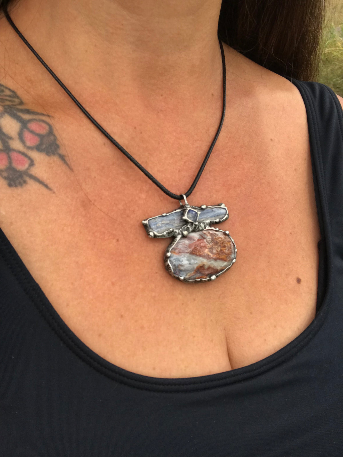 Crazy Lace Agate, blue Kyanite and moonstone triple statement pendant