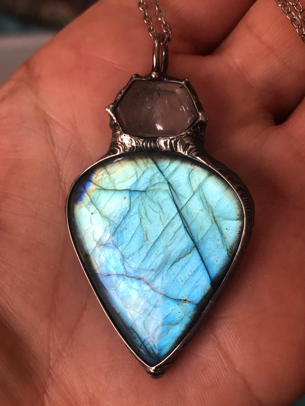 Aquamarine and Labradorite crystal pendant