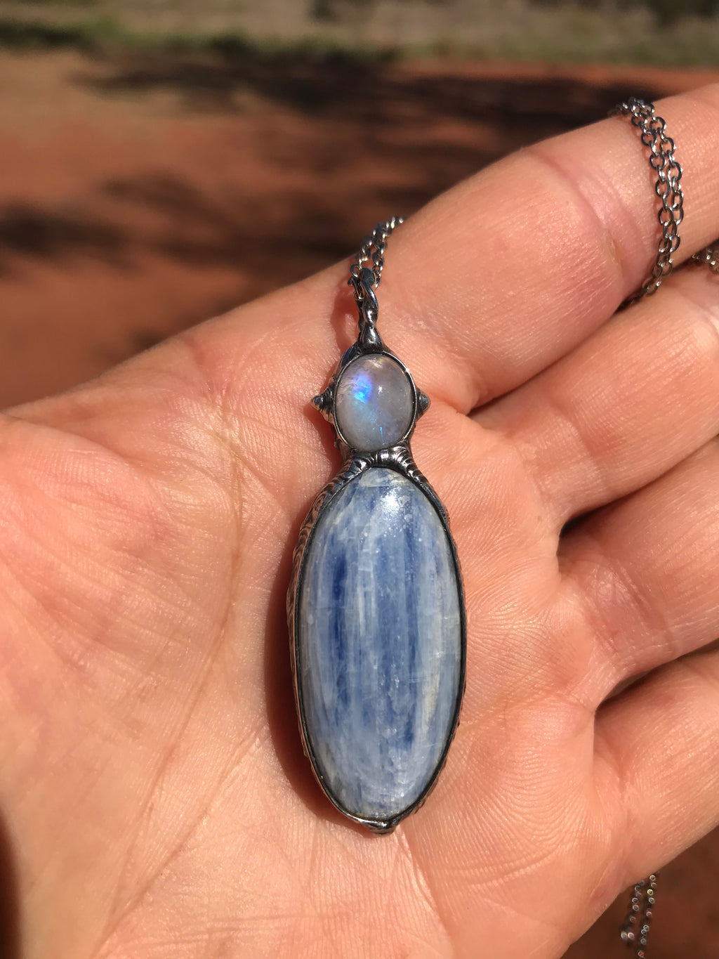 Rainbow Moonstone and blue polished Kyanite