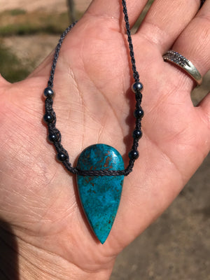 Stunning blue  with a hint of green….grounded by Hematite pendant
