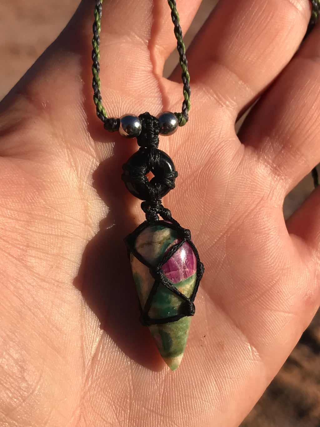 Ruby and Fuchsite with black onyx and Hematite Pendant