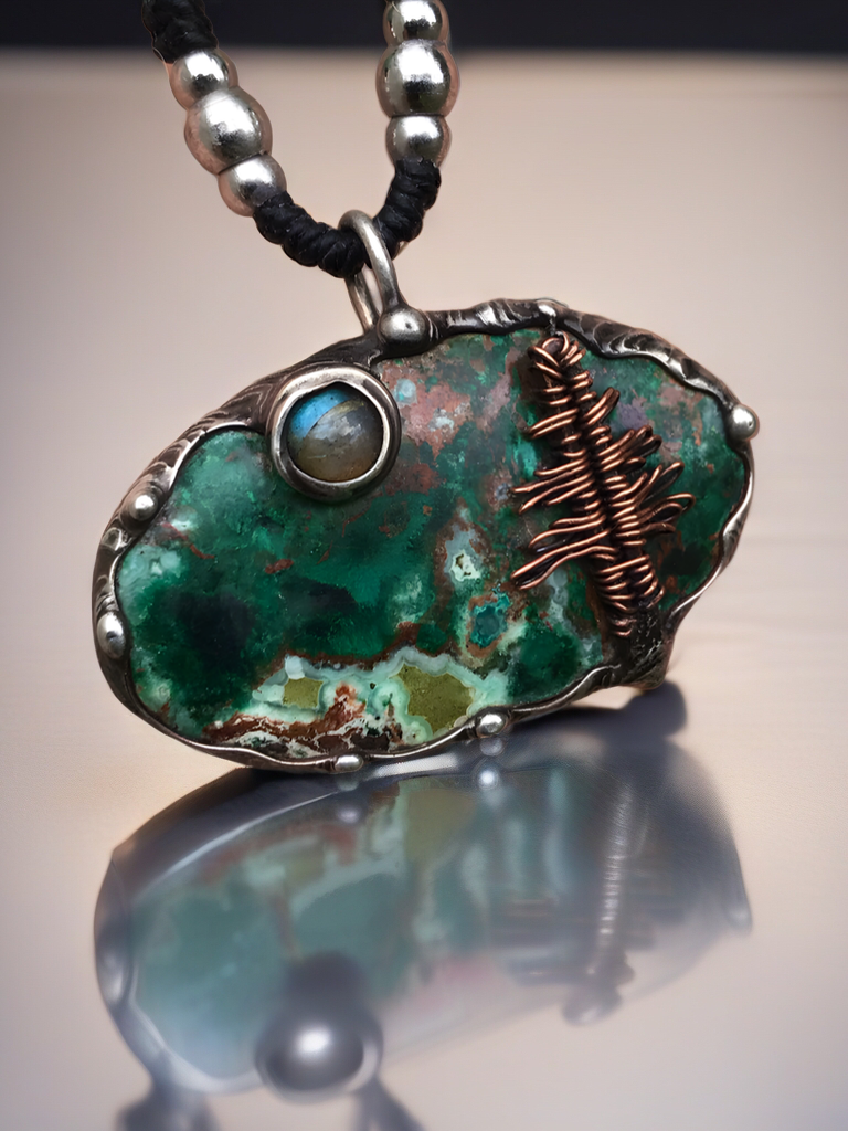 Bespoke magical tree on Chrysocolla/Malachite adorned with a  Labradorite moon❤️