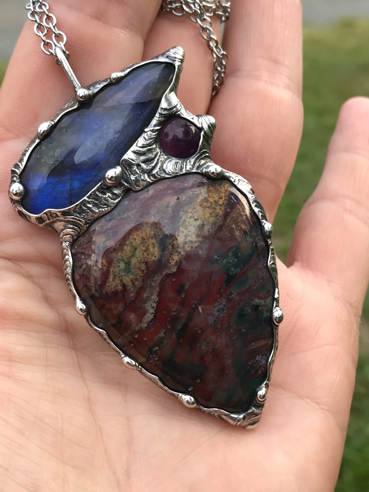 Bloodstone, blue flash Labradorite and Amethyst