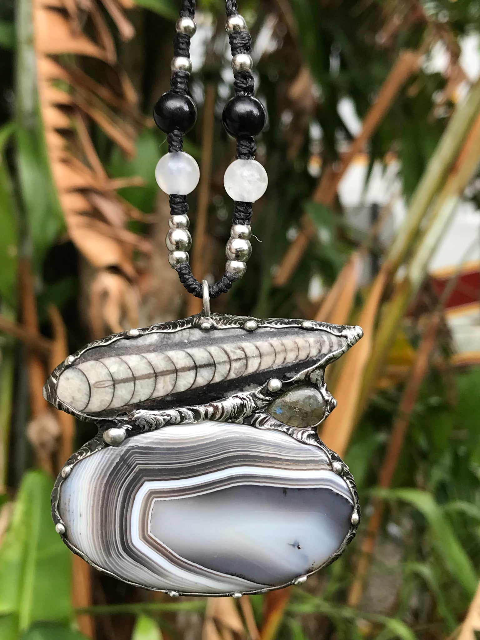 Statement Agate, Orthaceras and Labradorite pendant