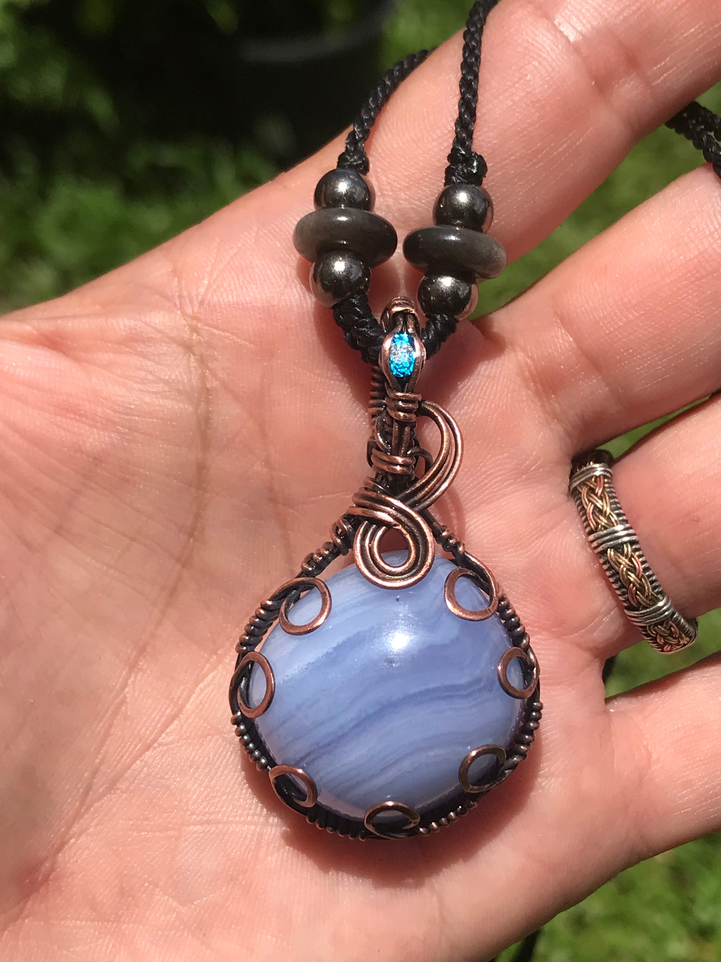 Blue lace agate wire wrap pendant with extra sparkling bail and silversheen obsidian beads 💕