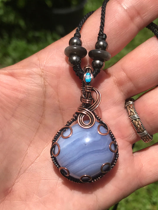 Blue lace agate wire wrap pendant with extra sparkling bail and silversheen obsidian beads 💕