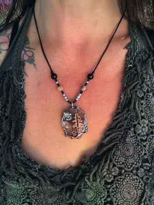 Bespoke tree landscape on hematite Quartz adorned with a mystical opalite moon