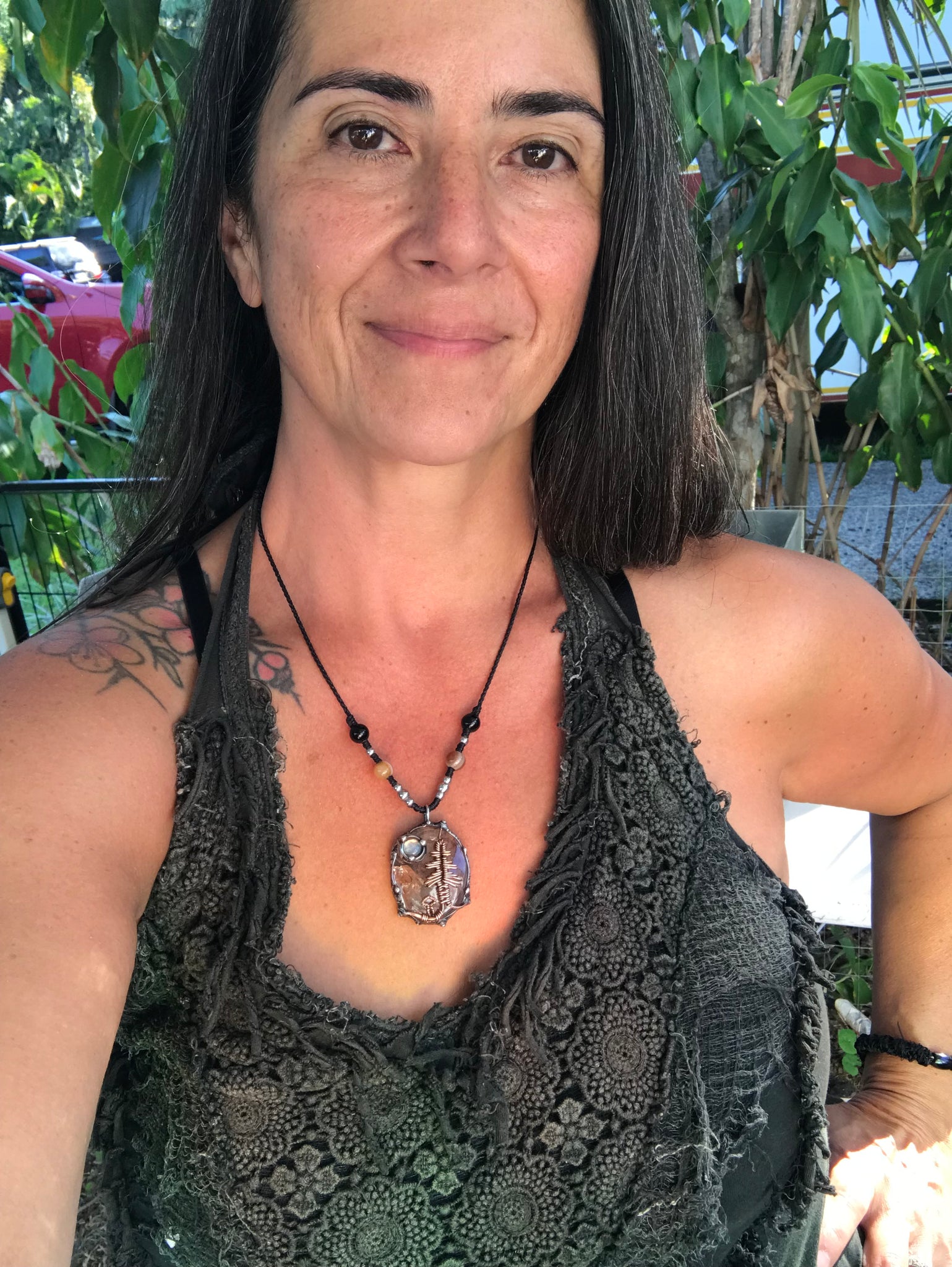 Bespoke tree landscape on hematite Quartz adorned with a mystical opalite moon
