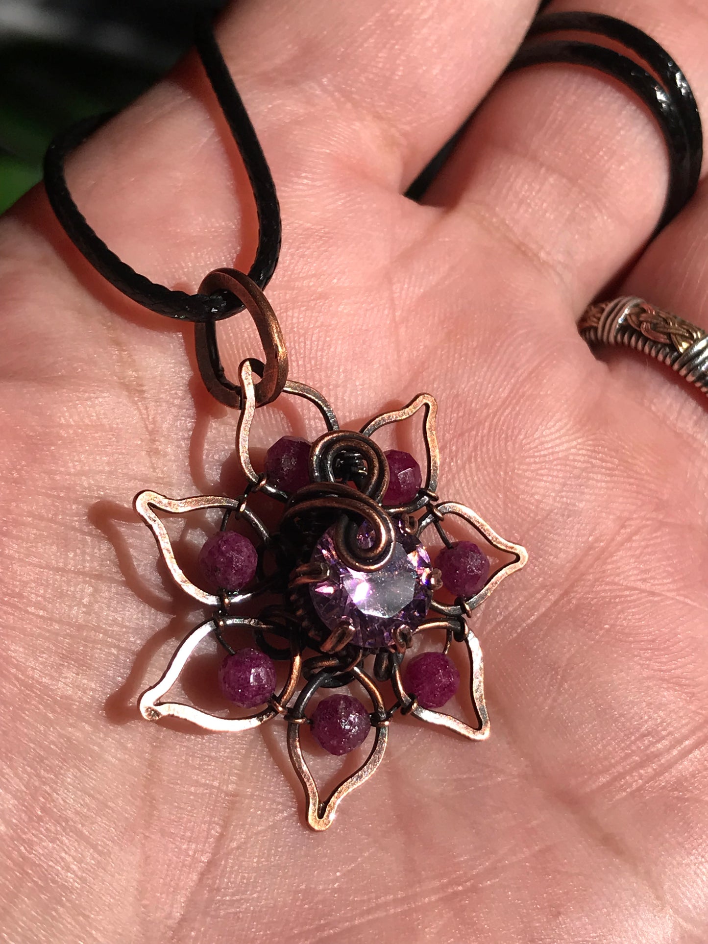Copper crafted lotus flower pendant with Ruby