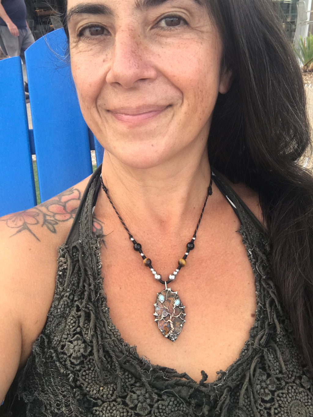 Twisted tree on brecciated jasper adorned with larimar and moonstone and tigereye beads