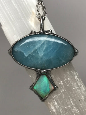 Reserved for Scarlett Blue Aquamarine pendant with lightning ridge Opal