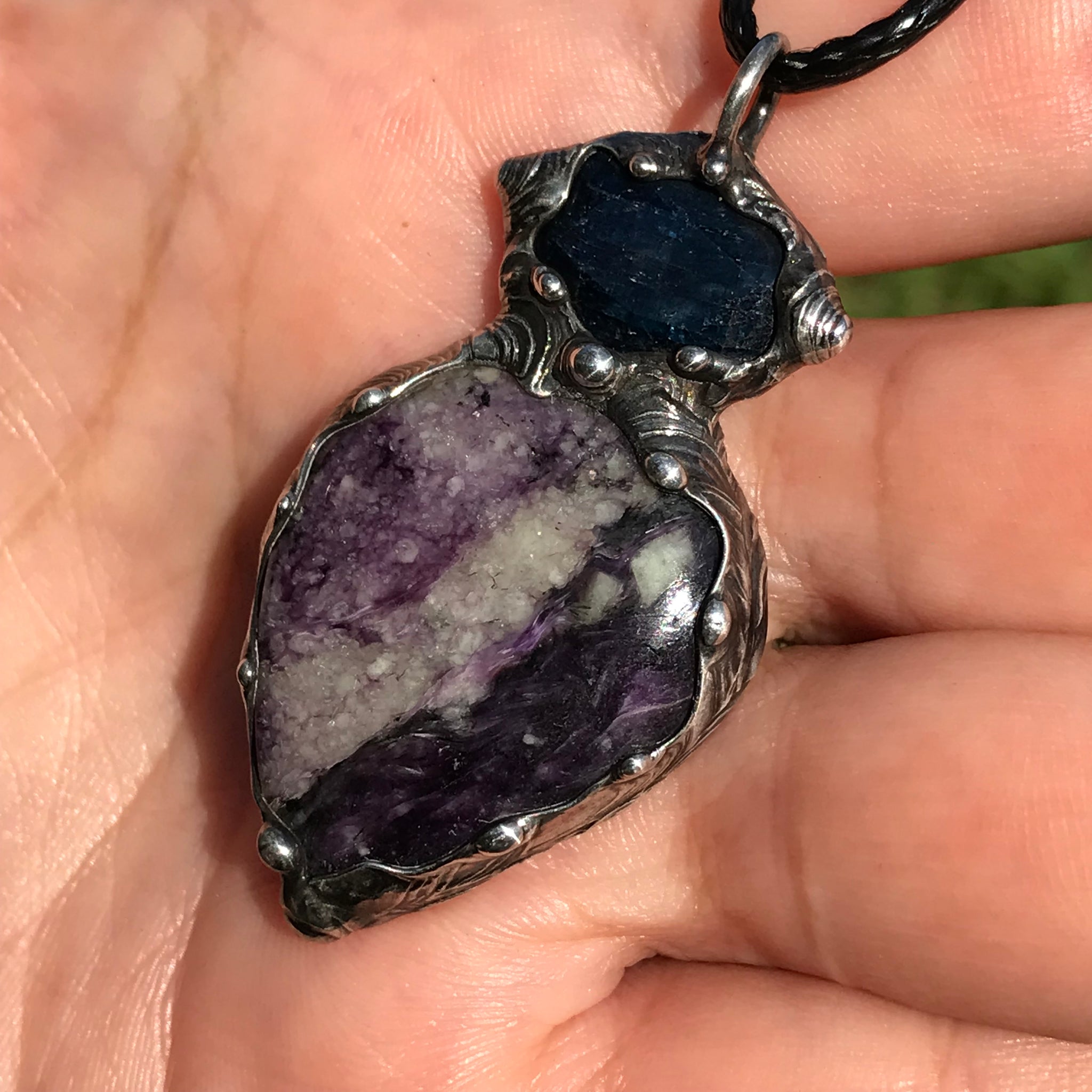 Lepidolite and blue faceted Azurite pendant