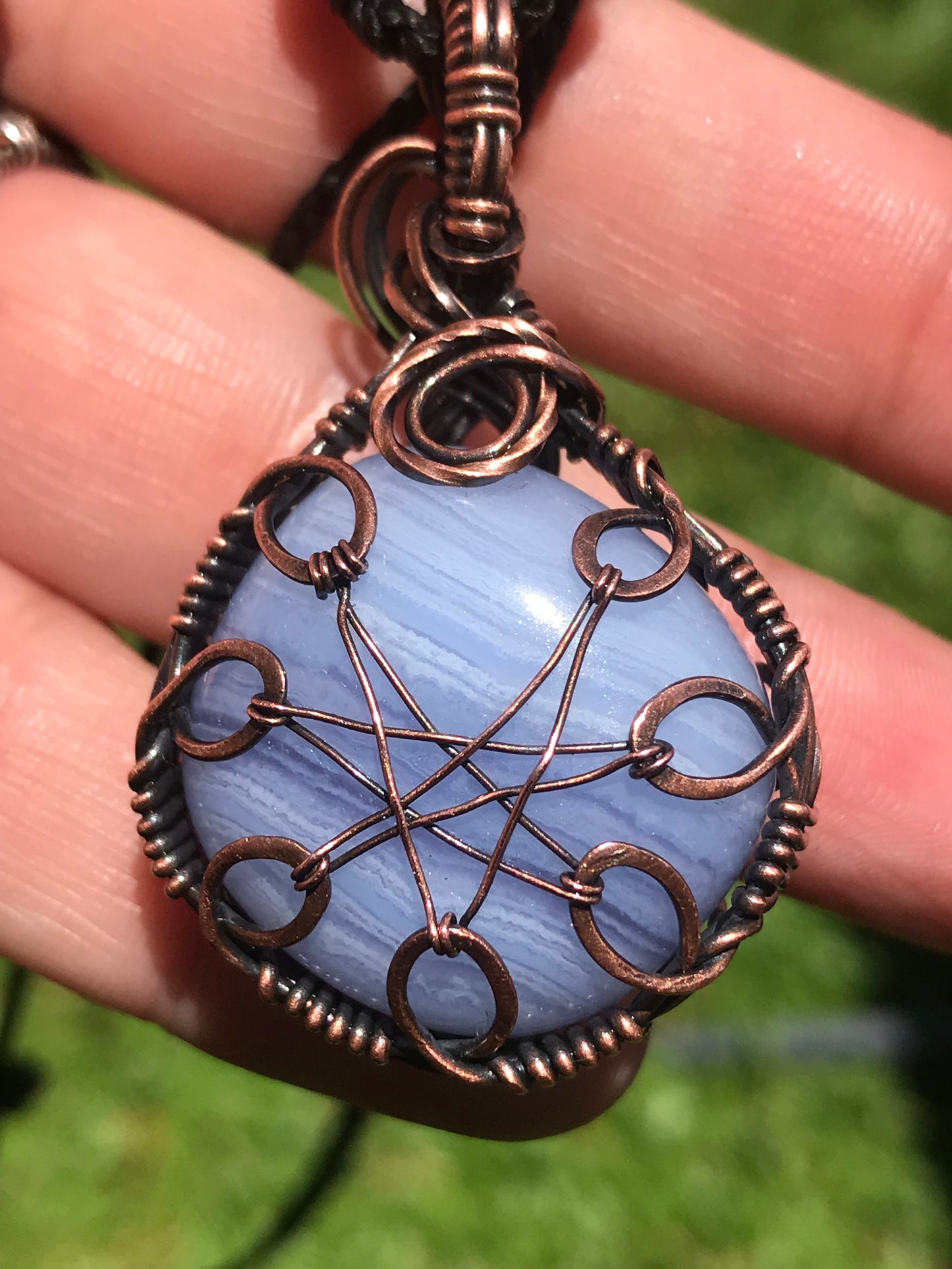 Blue lace agate wire wrap pendant with extra sparkling bail and silversheen obsidian beads 💕