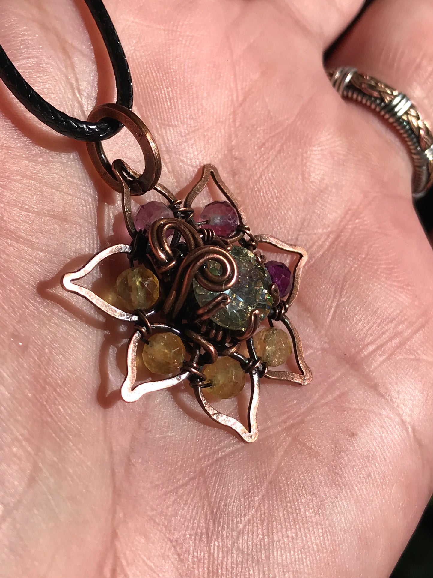 Copper crafted lotus flower pendant with Rainbow Fluorite