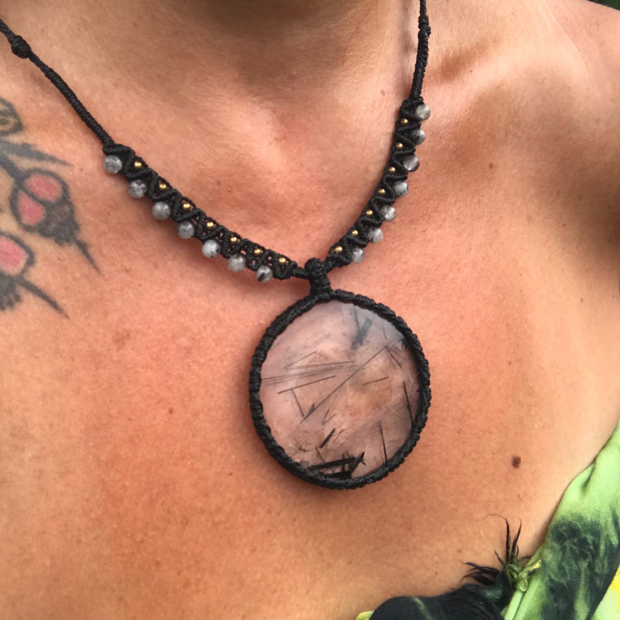 Beautiful and  unique Tourmalinated Quartz statement disc macrame pendant