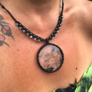 Beautiful and  unique Tourmalinated Quartz statement disc macrame pendant