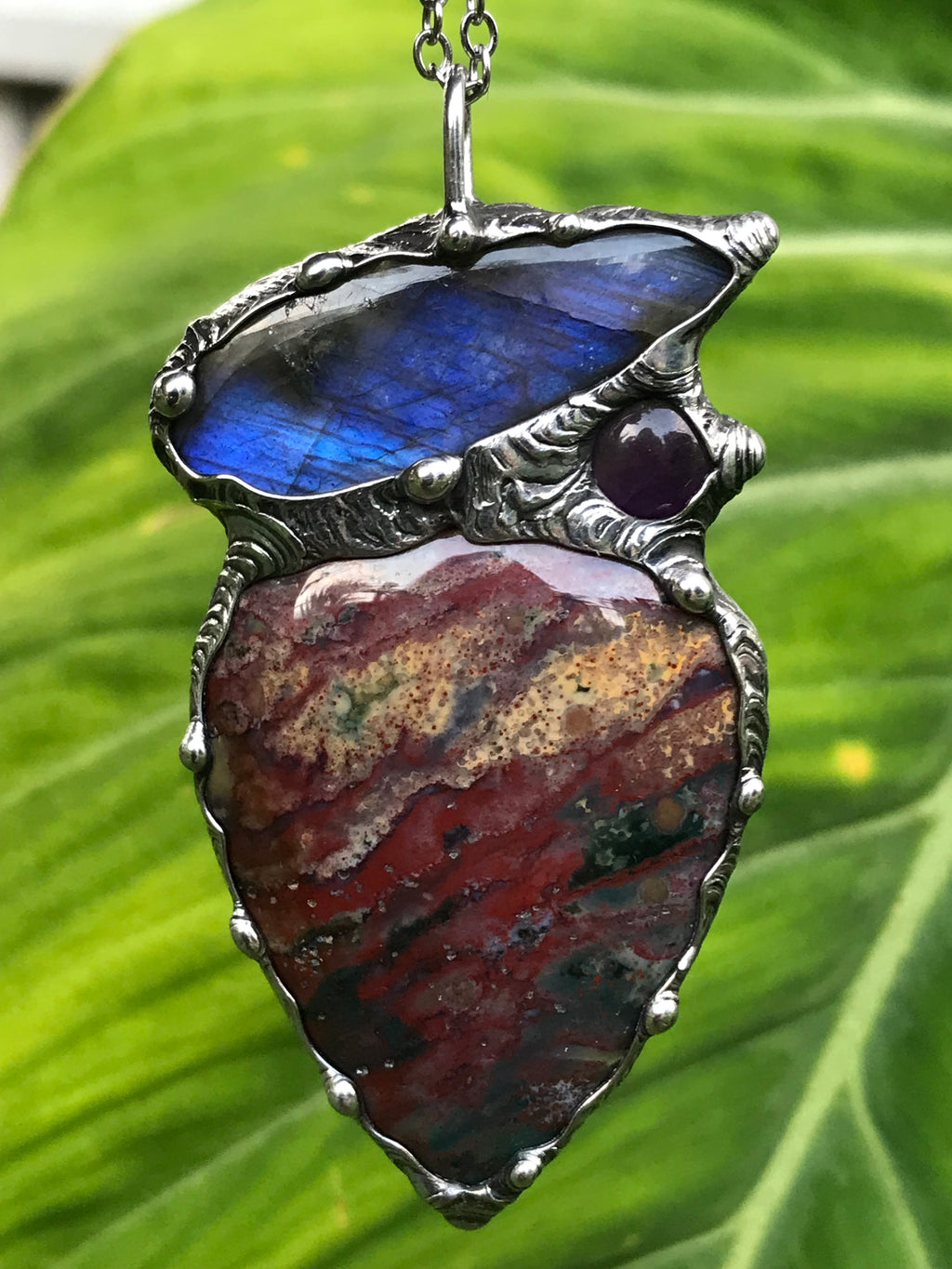 Bloodstone, blue flash Labradorite and Amethyst