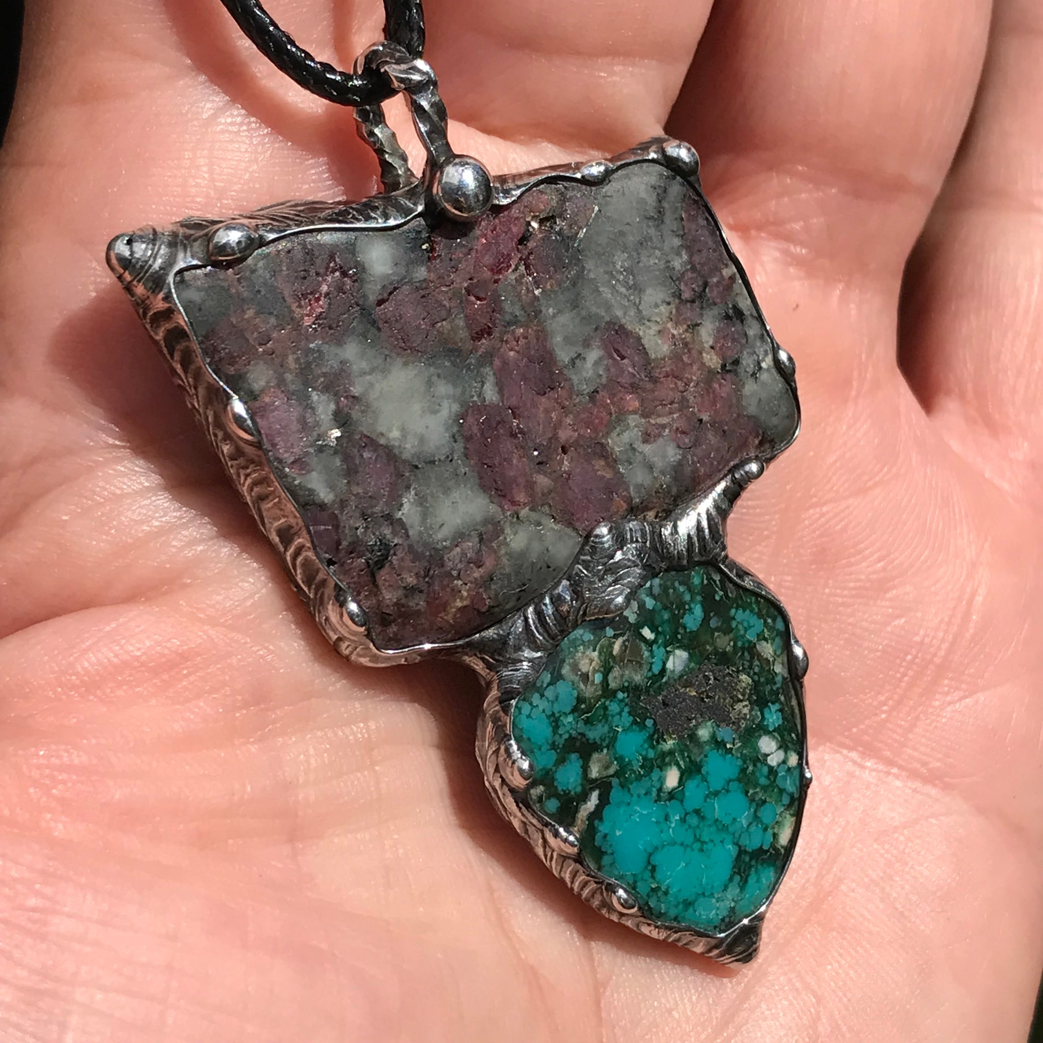 Eudialite and persian turquoise pendant