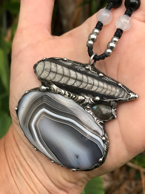 Statement Agate, Orthaceras and Labradorite pendant