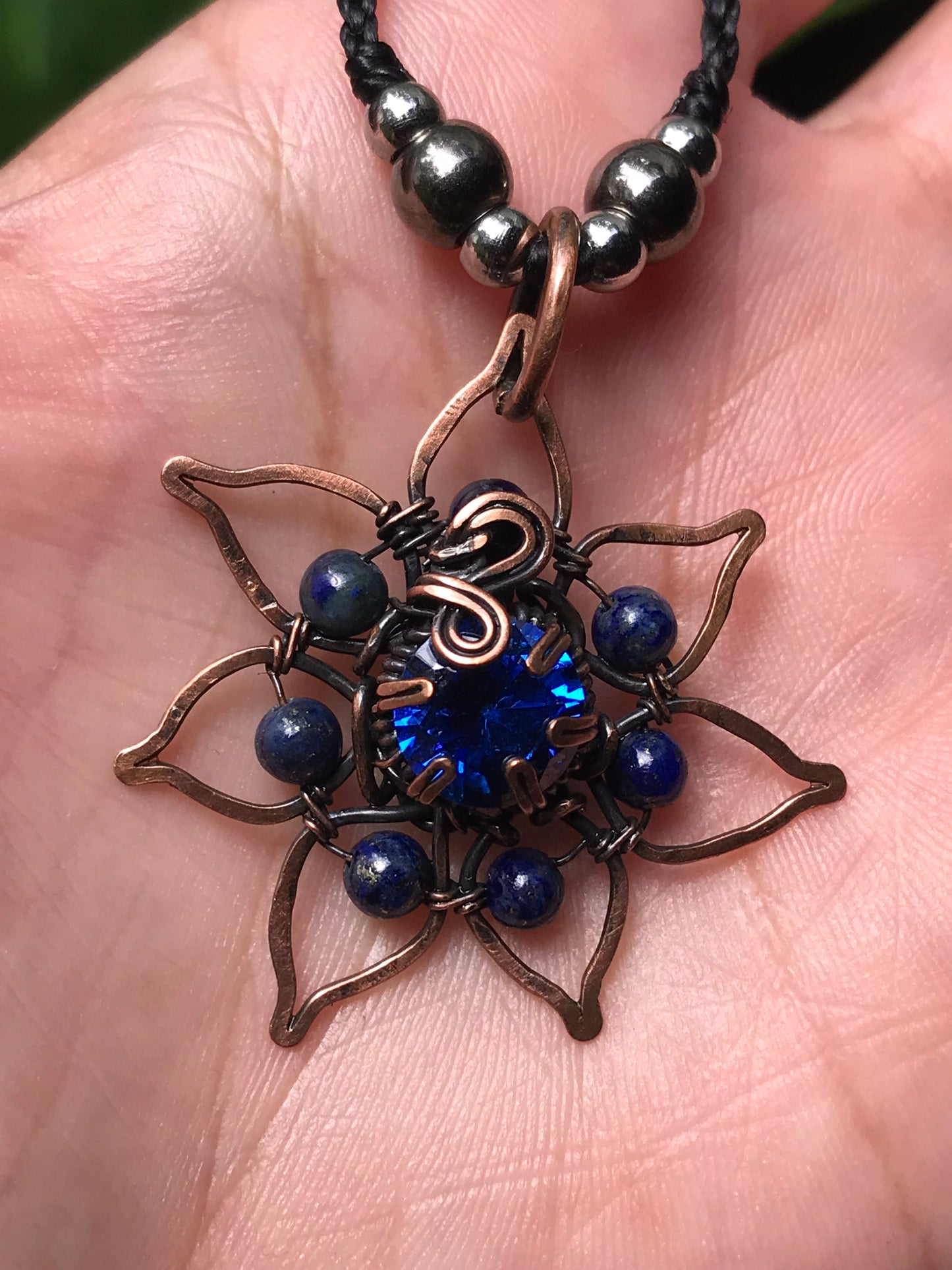 Copper crafted lotus flower pendant with Lapis Lazuli