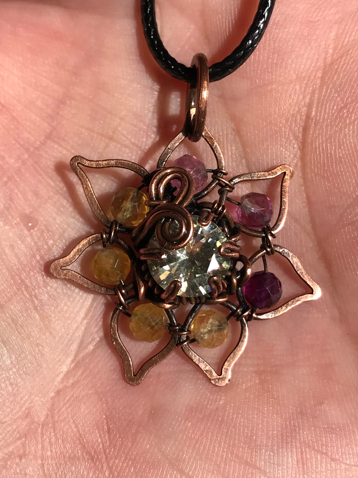 Copper crafted lotus flower pendant with Rainbow Fluorite