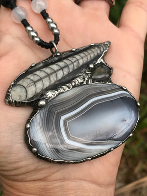 Statement Agate, Orthaceras and Labradorite pendant