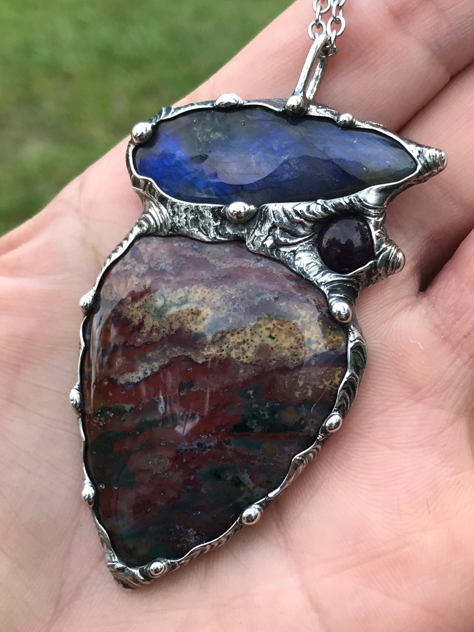 Bloodstone, blue flash Labradorite and Amethyst