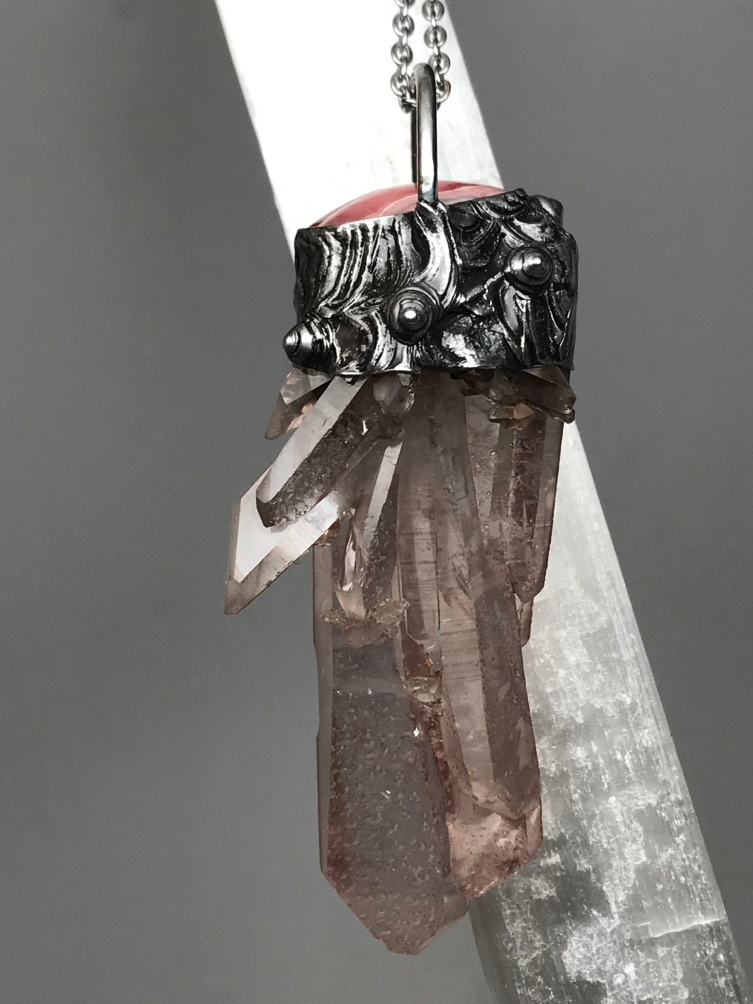 Tangerine Quartz Cluster point with Rhodochrosite
