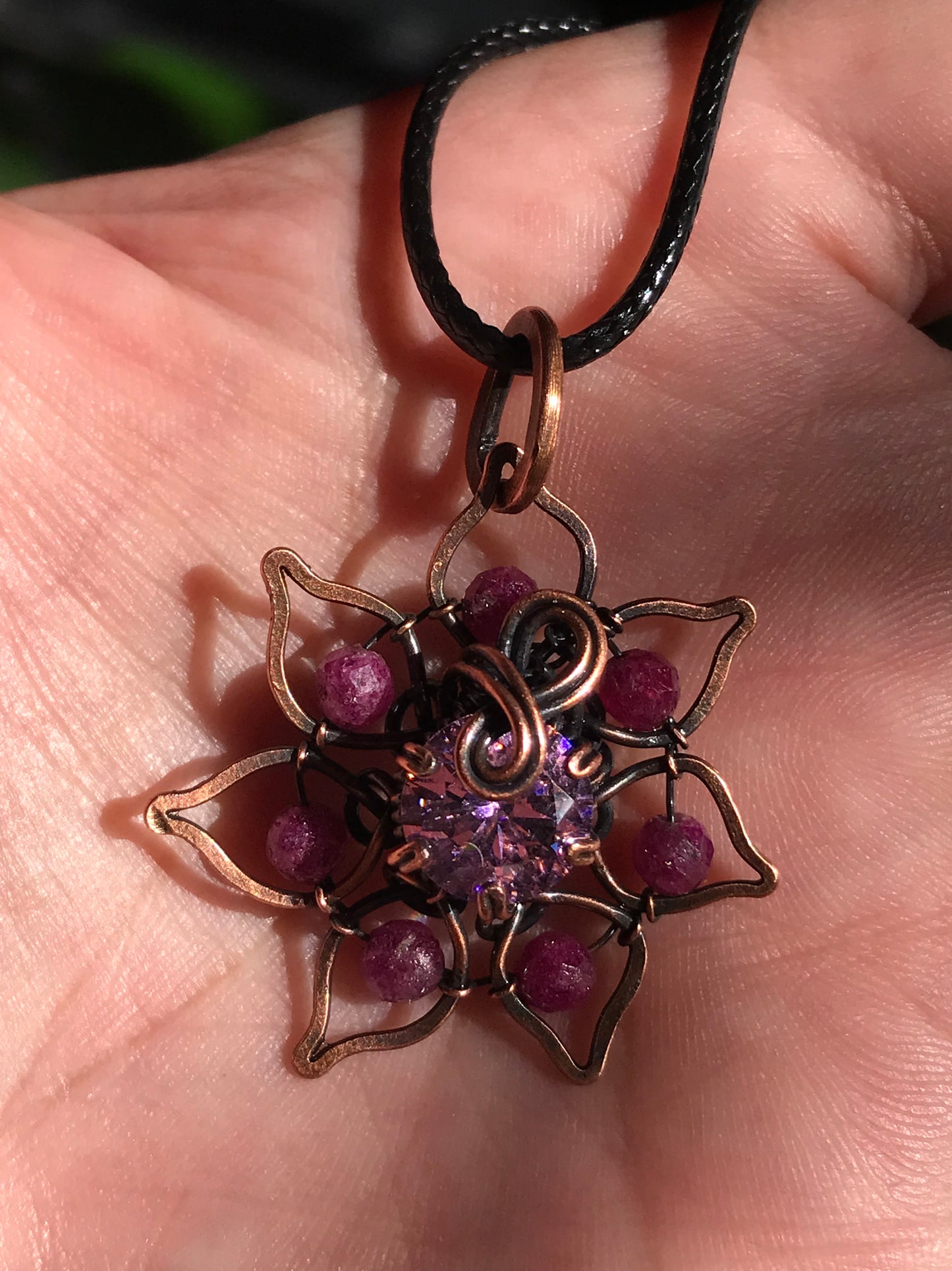 Copper crafted lotus flower pendant with Ruby