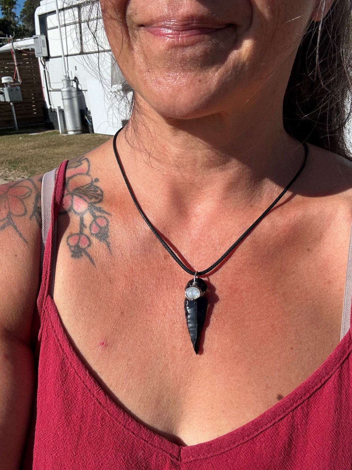 THE PROTECTOR - Raw Black Obsidian Arrowhead + Rainbow Moonstone