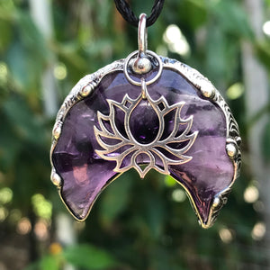 African Star Amethyst Crescent with sterling silver lotus flower