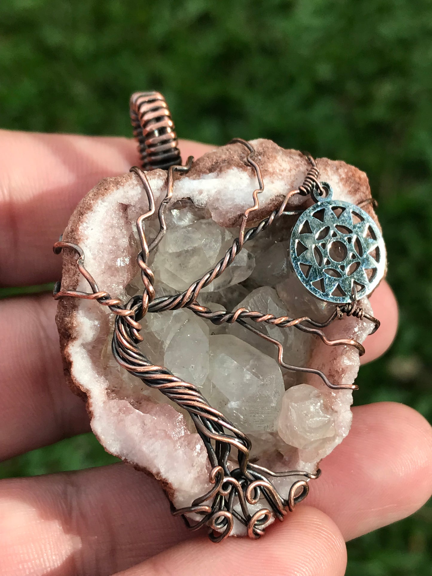 Pink Amethyst Anahata HomeTree pendant with Quartz points