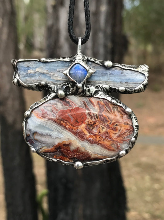 Crazy Lace Agate, blue Kyanite and moonstone triple statement pendant