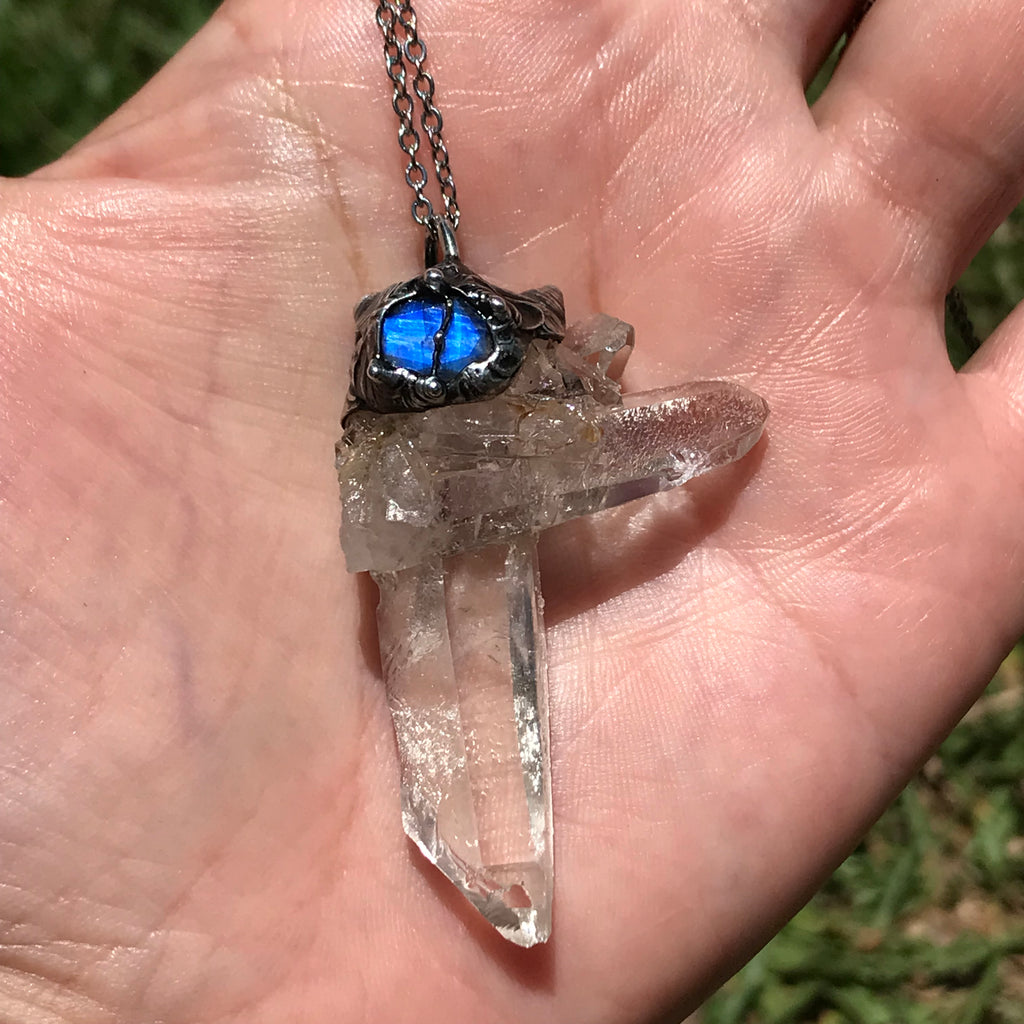 Reserved for Marisa Clear Quartz point with blue flash moonstone