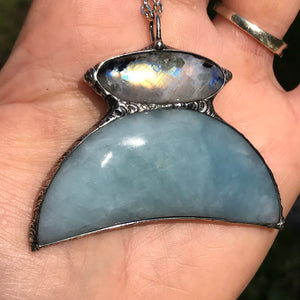 Aquamarine and Rainbow Moonstone statement pendant