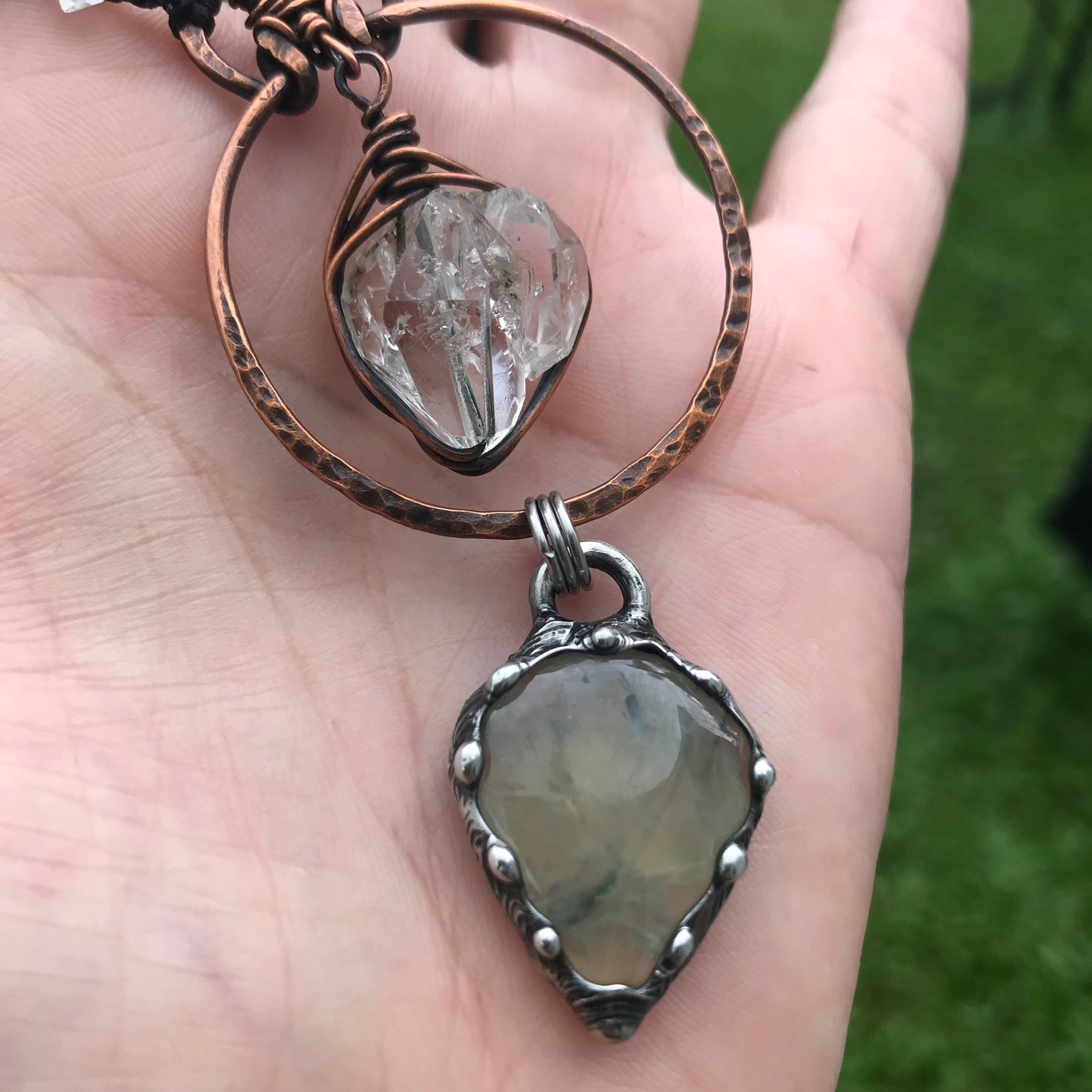 Reserved for Kerryn Hammered copper pendant with Herkimer diamond crystal with prehnite and smoky quartz
