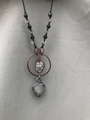 Reserved forMarisa Hammered copper pendant with Herkimer diamond crystal with Moonstone and smoky quartz