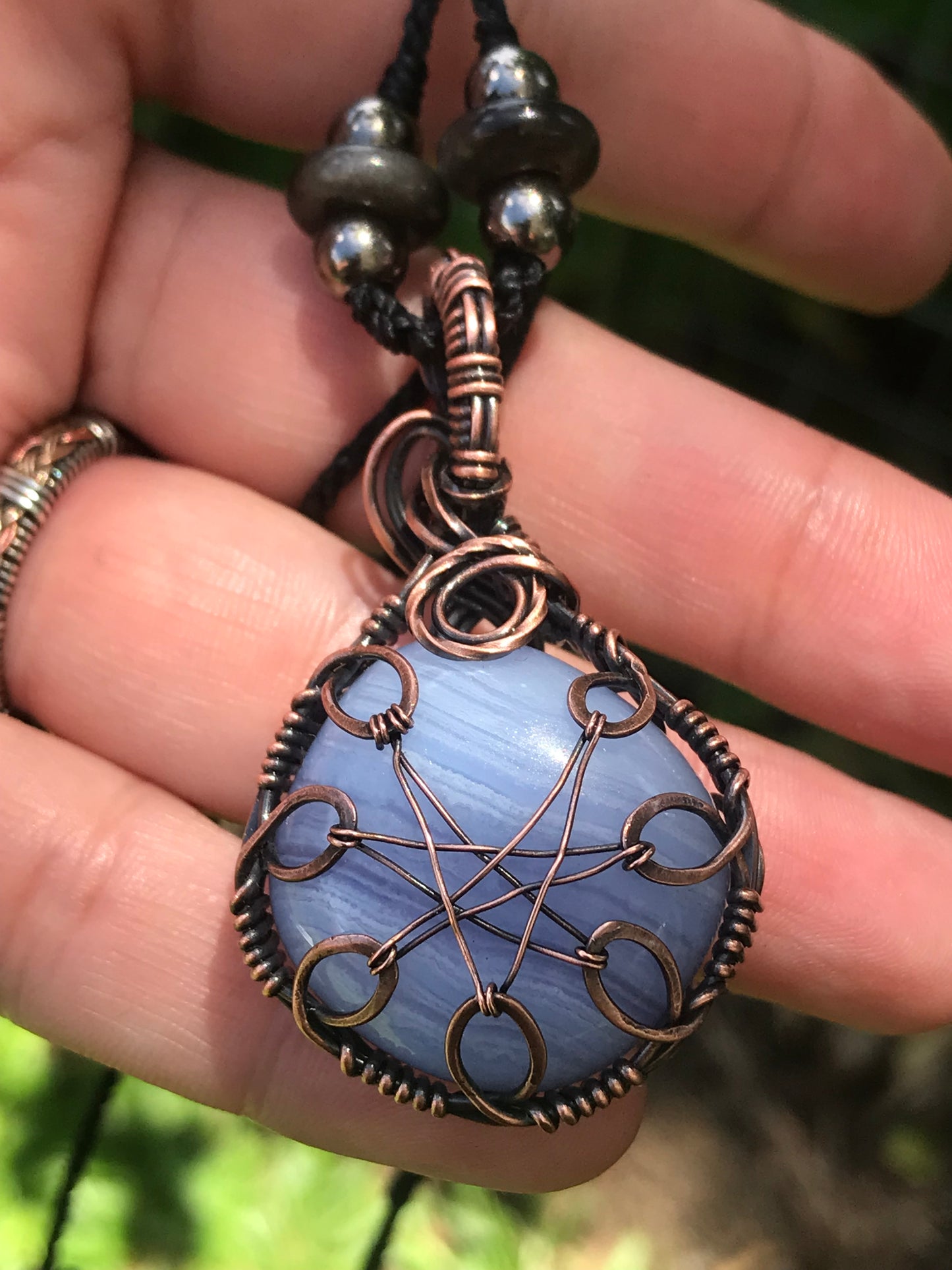 Blue lace agate wire wrap pendant with extra sparkling bail and silversheen obsidian beads 💕