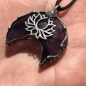 African Star Amethyst Crescent with sterling silver lotus flower