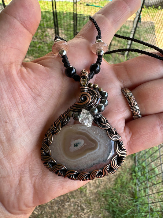Solar Quartz & Herkimer Diamond – Copper Wire Wrapped Pendant