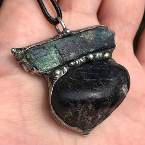 Black Tourmaline and Fuchsite in kyanite pendant