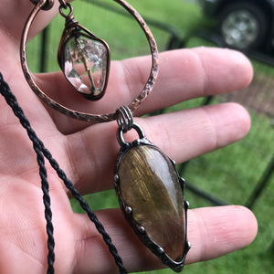 Reserved for Rachael Hammered copper pendant with Herkimer diamond crystal, Golden Rutilated and smoky quartz