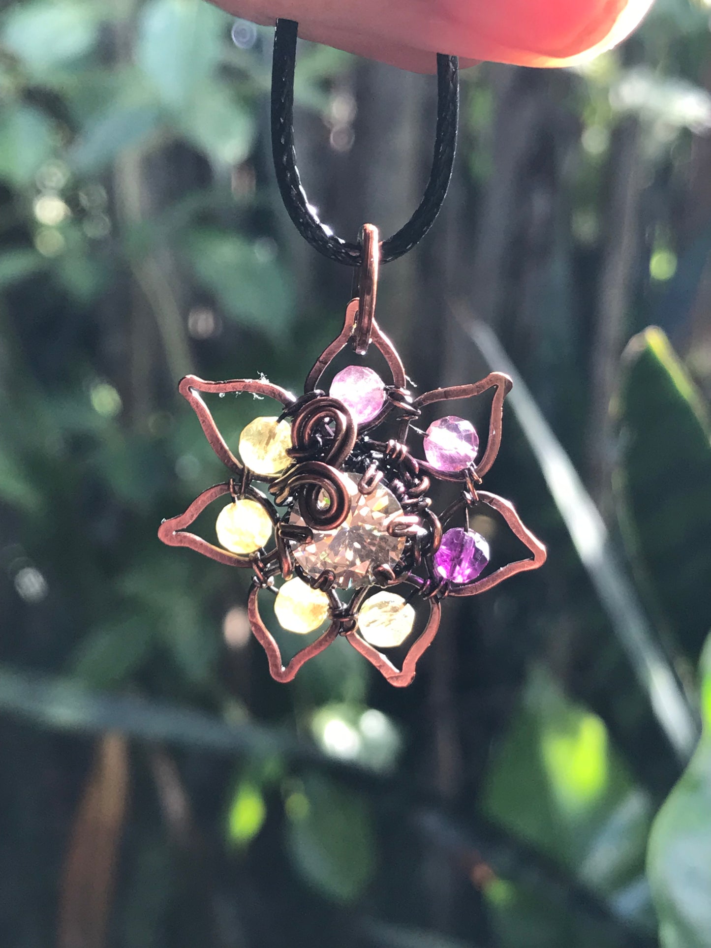 Copper crafted lotus flower pendant with Rainbow Fluorite