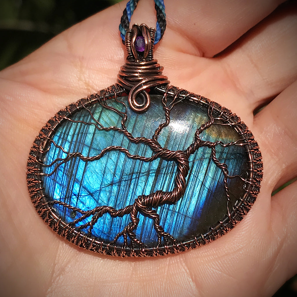 Wire wrapped tree of life on Blue Flash Labradorite Crystal adorned with Amethyst ✨