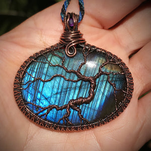 Wire wrapped tree of life on Blue Flash Labradorite Crystal adorned with Amethyst ✨