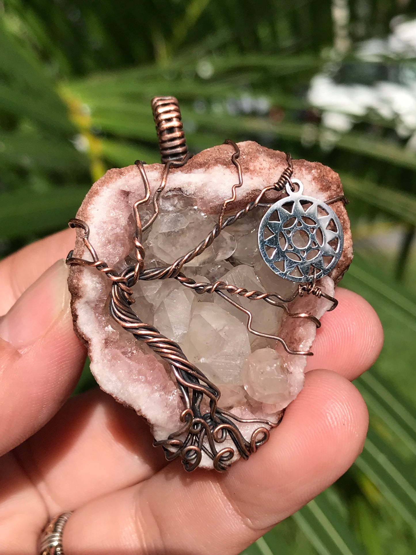 Pink Amethyst Anahata HomeTree pendant with Quartz points