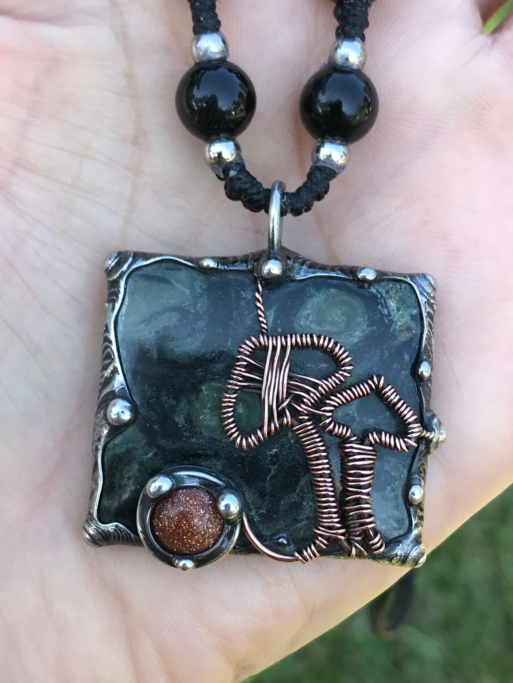 Kambaba Jasper with giant mushrooms (Prototaxites) and goldstone portal