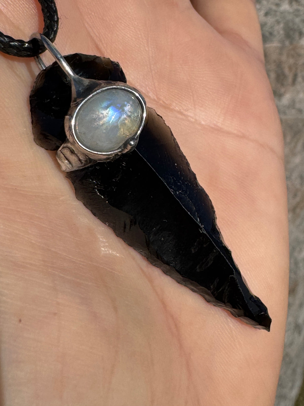 THE PROTECTOR - Raw Black Obsidian Arrowhead + Rainbow Moonstone